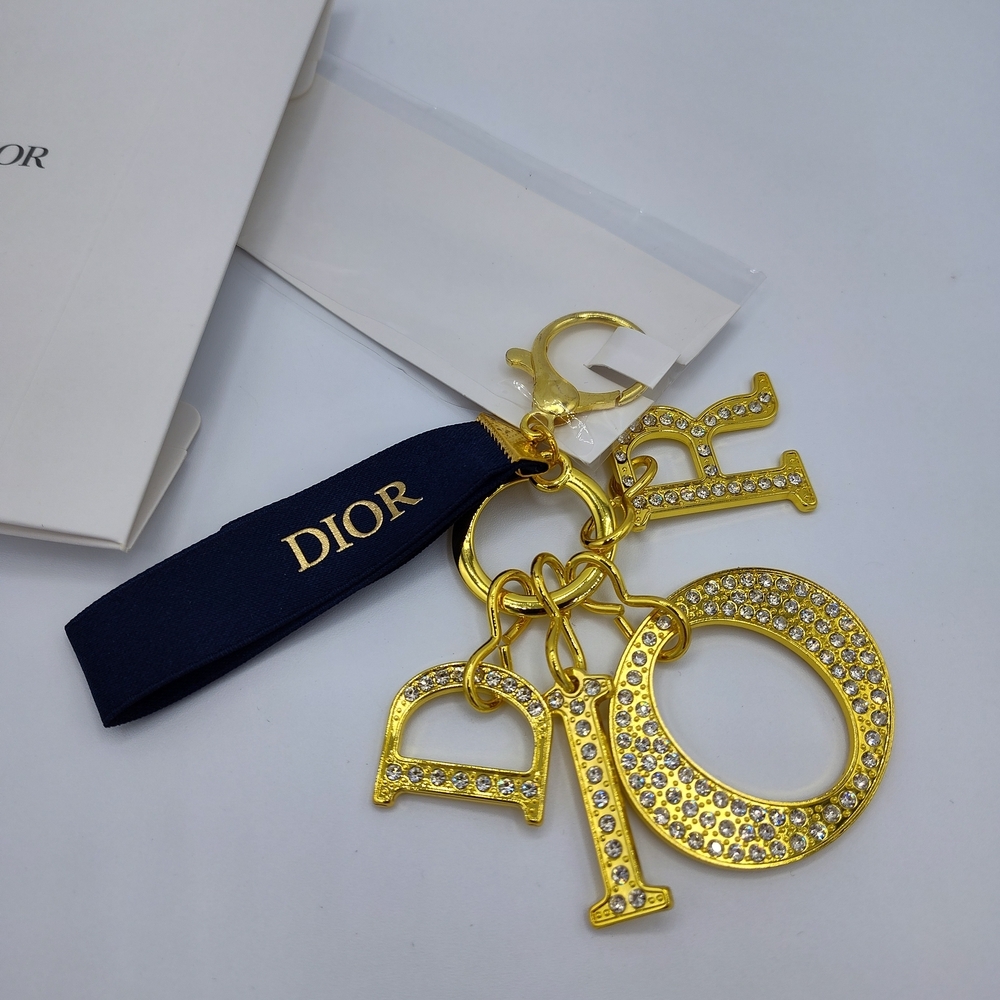 Dior Gold Crystal Logo Keychain Charm w/ Ribbon & Box — New & Gift Ready NIB NIP - Picture 3 of 6